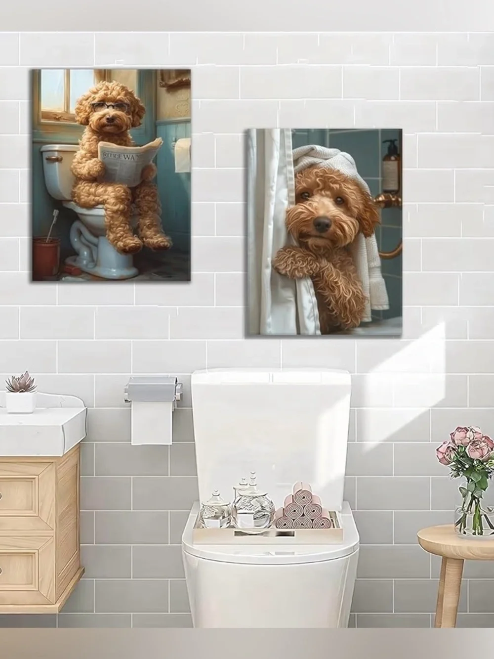 Playful Brown Curly Dog Bathroom Canvas Art - Cozy Pet Wall Decor